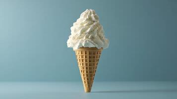 Delicious Vanilla Ice Cream Cone Against Minimalist Blue Background photo