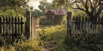 Rustic Abandoned House Surrounded by Overgrown Vegetation and Wooden Fence photo
