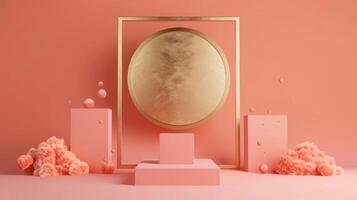 Abstract Geometric Composition with Gold Circle and Coral Background in Modern Minimalist Style photo
