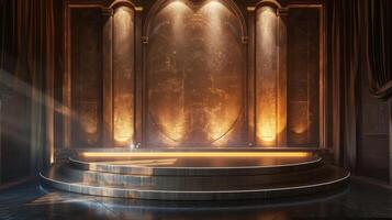 Elegant Empty Stage with Golden Lighting and Arched Backdrop photo