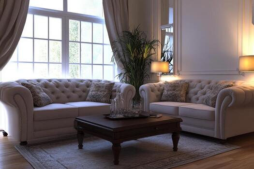 Elegant Living Room with Classic Sofas and Large Windows Illuminated by Soft Natural Light photo