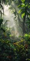 Rainforest with tall, verdant trees and exotic plants. photo