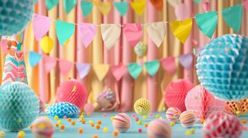 A colorful room with a pink and yellow curtain and a pink and blue tent photo