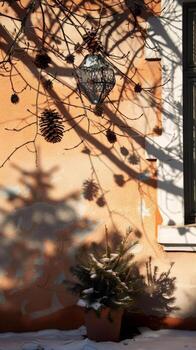 Rustic Wall with Pine Cones and Shadows Creating a Winter Atmosphere on a Sunny Day photo