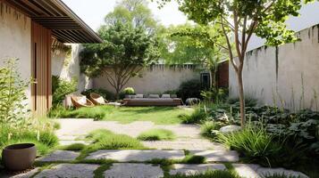 Serene Modern Backyard Garden with Lush Greenery and Comfortable Seating Area photo