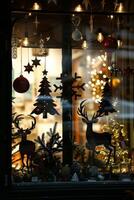 Festive Holiday Window Display with Silhouettes of Reindeer and Christmas Trees photo