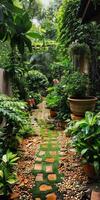 Lush Tropical Garden Pathway with Vibrant Greenery and Potted Plants photo