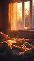 Cozy Bedroom with Warm Sunset Light Streaming Through Window photo
