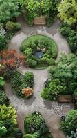 Aerial View of a Beautifully Landscaped Garden with Benches and Lush Greenery photo