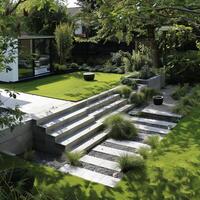 Modern Minimalist Garden with Lush Greenery and Sleek Stone Pathways photo