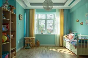 Spacious children's room with blank areas. photo