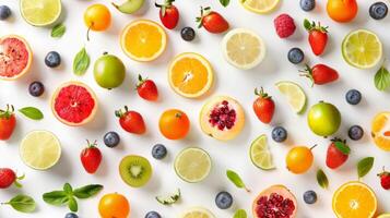 Top view of assorted spring fruits arranged in a visually striking pattern photo