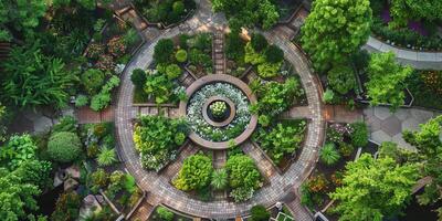 Aerial View of a Beautiful Circular Garden with Lush Greenery and Pathways photo