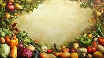 Colorful Assortment of Fresh Vegetables Framing a Rustic Background photo