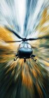 A helicopter is flying through a bright orange and blue sky photo