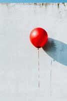 A red balloon is hanging from a wall photo