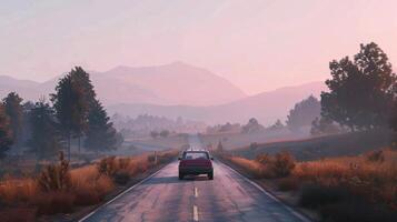 A red car is driving down a road in a rural area photo