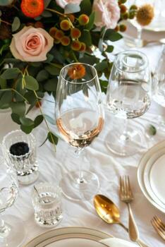 A beautifully arranged table setting featuring crystal glassware photo