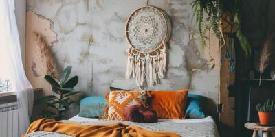 Boho-chic dreamcatcher wall hanging on a wall backdrop photo
