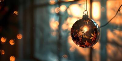 A Christmas ornament hanging from a window photo