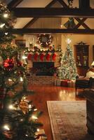 A living room with a fireplace and a Christmas tree photo