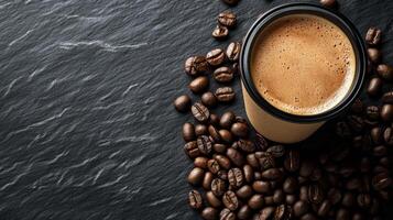 Aromatic Freshly Brewed Coffee in a To-Go Cup Surrounded by Roasted Coffee Beans photo