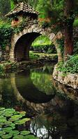 Rustic Stone Bridge Over Tranquil Pond in Lush Green Garden photo