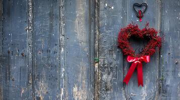 Heart-shaped wreath and red ribbon on a door for Valentine's Day welcome. photo