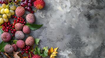 Copy space adorned with a close-up of ripe lychee fruits and grapes photo