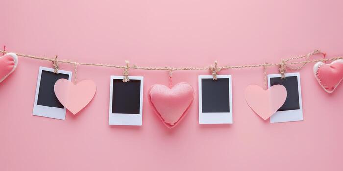 Love-themed photo frame and polaroid pictures on a string