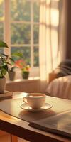 Cozy Morning Scene with Sunlight Streaming Through Window onto Coffee Cup photo