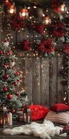 A Christmas tree with red and white ornaments sits in front of a wooden wall photo