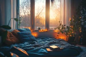 A cozy bedroom with a window that lets in the sunlight photo