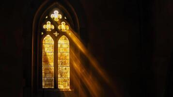 Dark silhouette of a church window illuminating the beauty of Christian faith photo