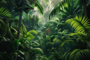 Dense rainforest with a variety of tropical plants. photo