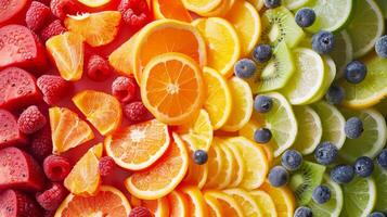 Directly above shot of sliced summer fruits arranged in a rainbow pattern photo