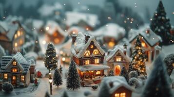 Cozy Snow-Covered Village with Festive Lights and Decorated Trees in a Winter Wonderland Setting photo