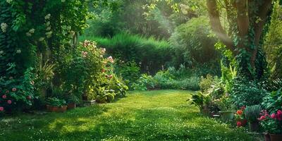 Lush Green Garden with Sunlight Filtering Through Trees and Colorful Flower Beds photo