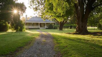 Charming Country House at Sunrise with Lush Greenery and Gravel Path photo