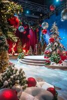 Festive Christmas Stage with Decorated Trees photo