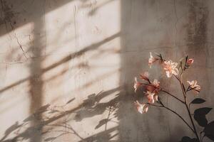 Sunlit Lilies Casting Shadows on a Rustic Textured Wall in a Minimalist Interior Setting photo