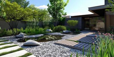 Modern Zen Garden with Tranquil Pond and Lush Greenery photo
