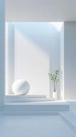 Minimalist Interior with White Geometric Shapes and Green Plant photo
