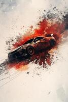 Dynamic Abstract Art of a Racing Car in Motion with Vibrant Red and Black Splashes photo