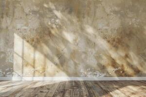 Sunlit Rustic Wall with Textured Plaster and Wooden Floor photo