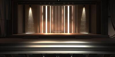 Modern Theater Stage with Dramatic Lighting and Empty Seats photo