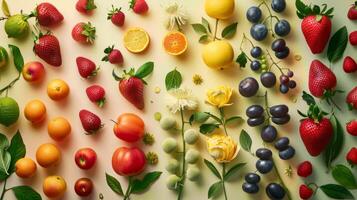Overhead shot capturing the colorful array of seasonal spring fruits from above photo