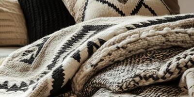A blanket with a black and white design is piled on top of another blanket photo
