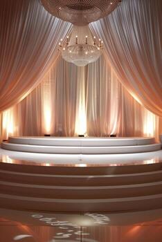 Elegant Event Stage with Draped Curtains and Chandelier Lighting for Weddings photo
