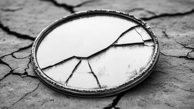 A broken mirror on a rocky surface photo
